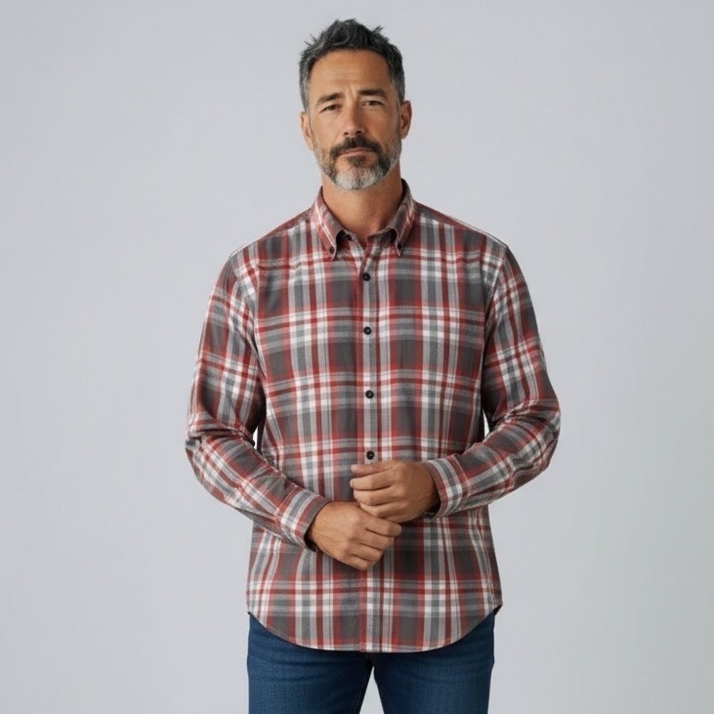 UNTUCKIT Button Down Shirt Mens Red Gray Plaid Slim Fit Flannel Casual Medium